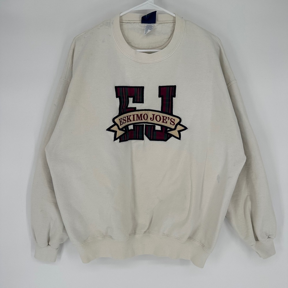 Vintage 90s Eskimo Joes Sweatshirt XL Cream Plaid Embroidered Crewneck Oklahoma